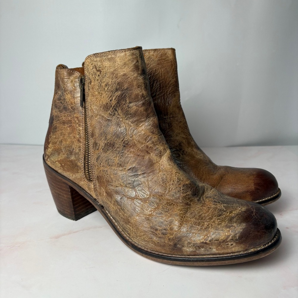 Diba True Womens Distressed Tan Brown Leather Ankle Boots Stacked Heel Size 11